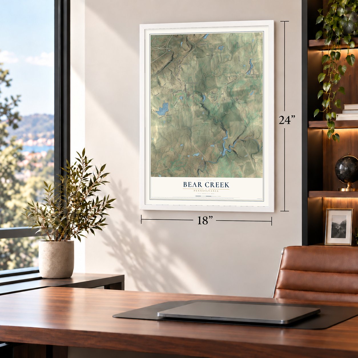Bear Creek, Pennsylvania map, 18 x 24 inch print in a white frame in a home office