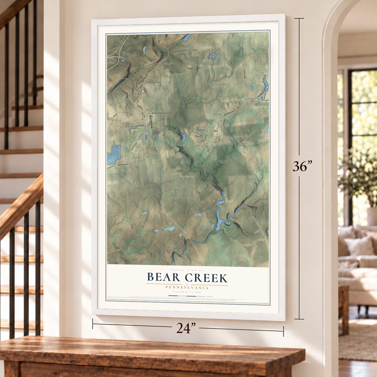 Bear Creek, Pennsylvania map, 24 x 36 inch print in a white frame by a staircase