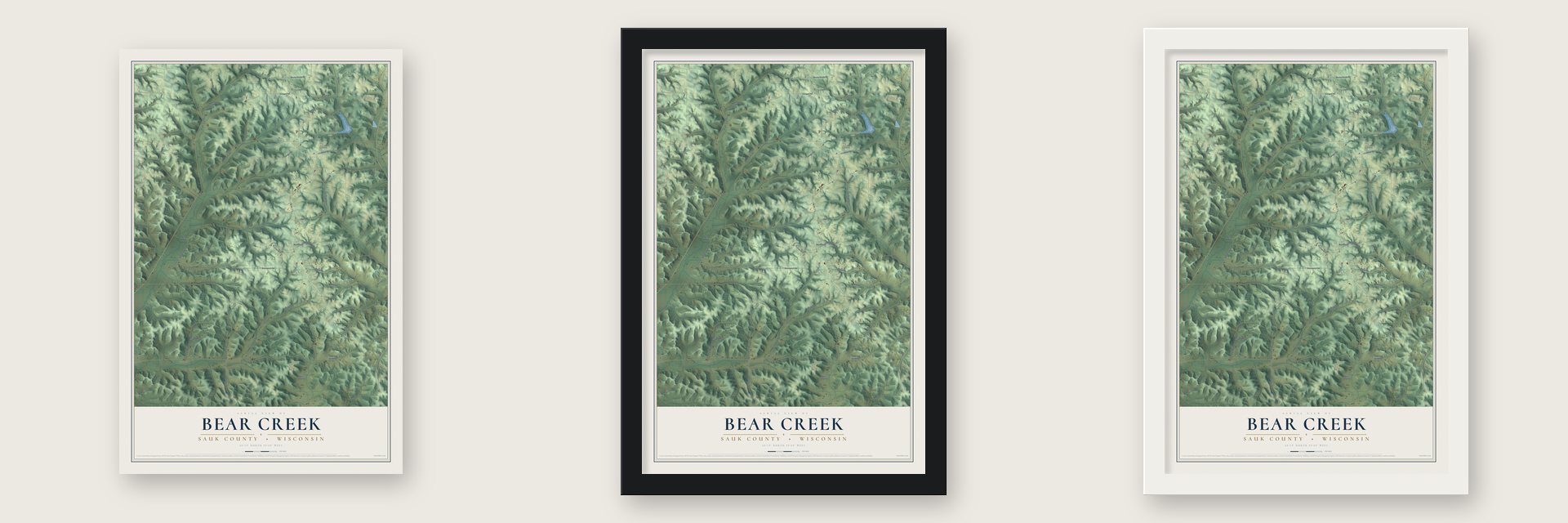 Bear Creek, Sauk County, Wisconsin map unframed, in a black wood frame and in a white wood frame