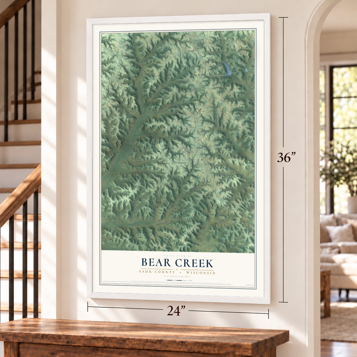 Bear Creek, Sauk County, Wisconsin map, 24 x 36 inch print in a white frame by a staircase
