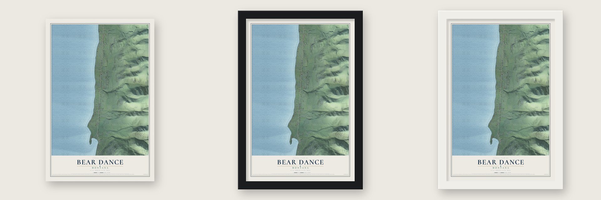 Bear Dance, Montana map unframed, in a black wood frame and in a white wood frame
