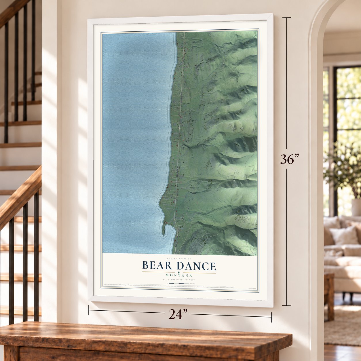 Bear Dance, Montana map, 24 x 36 inch print in a white frame by a staircase