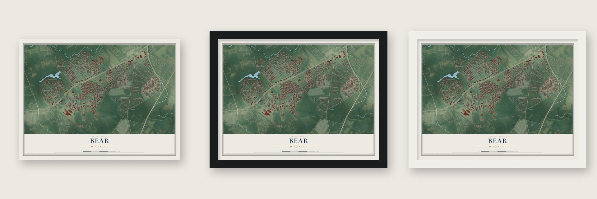 Bear, Delaware map unframed, in a black wood frame and in a white wood frame