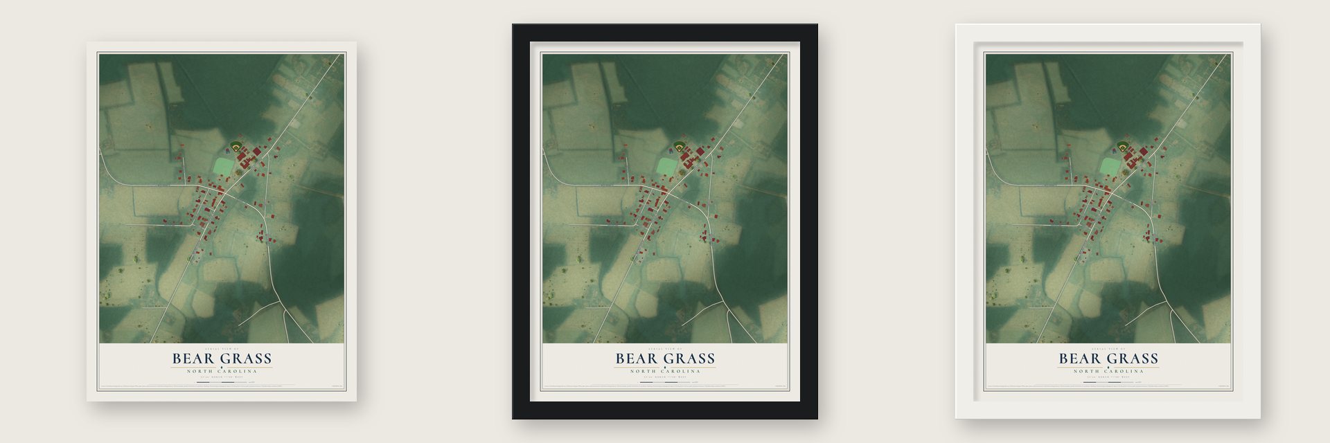 Bear Grass, North Carolina map unframed, in a black wood frame and in a white wood frame