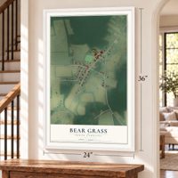Bear Grass, North Carolina map, 24 x 36 inch print in a white frame by a staircase