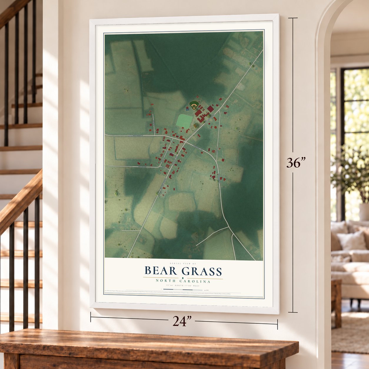 Bear Grass, North Carolina map, 24 x 36 inch print in a white frame by a staircase