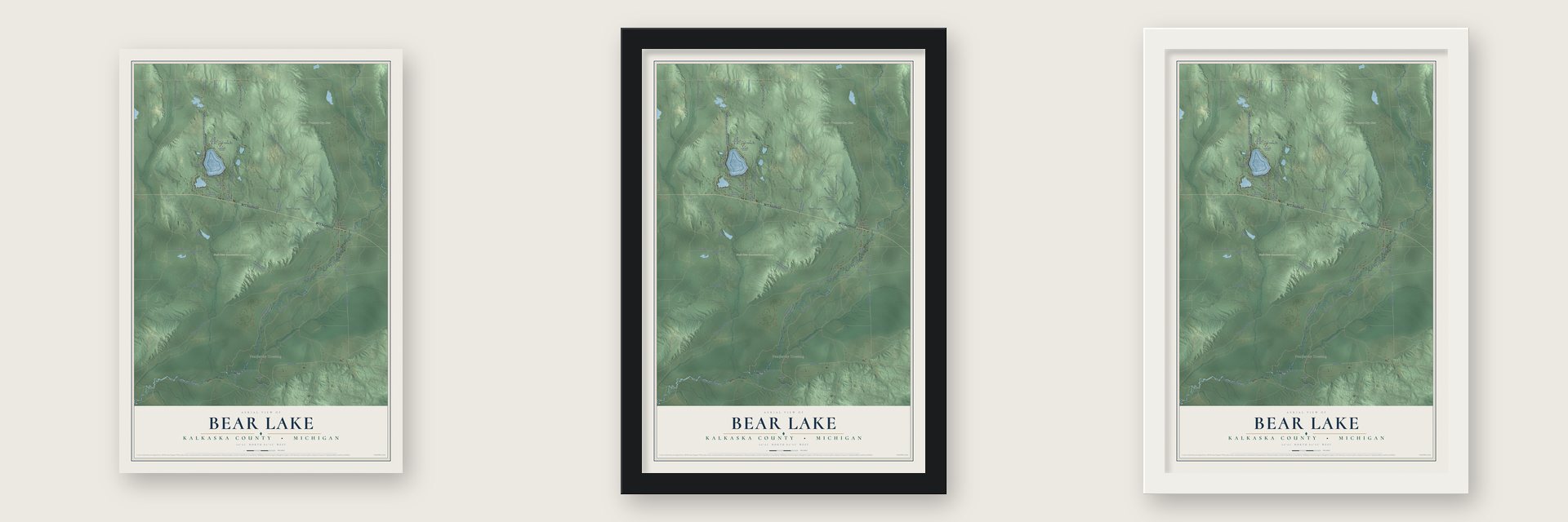 Bear Lake, Kalkaska County, Michigan map unframed, in a black wood frame and in a white wood frame