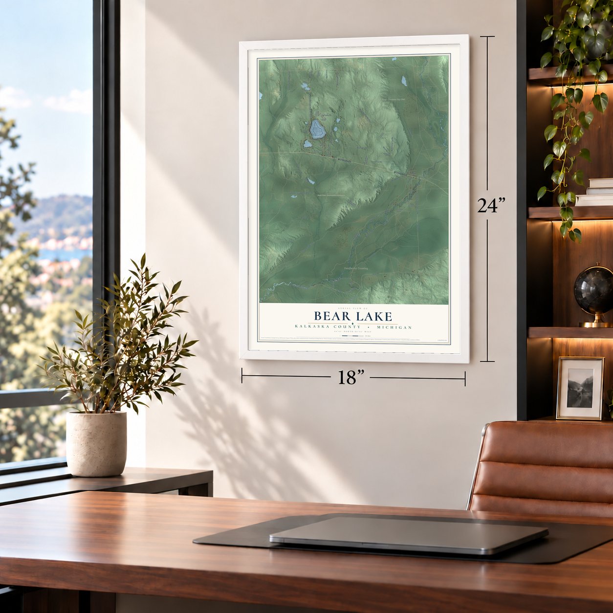 Bear Lake, Kalkaska County, Michigan map, 18 x 24 inch print in a white frame in a home office