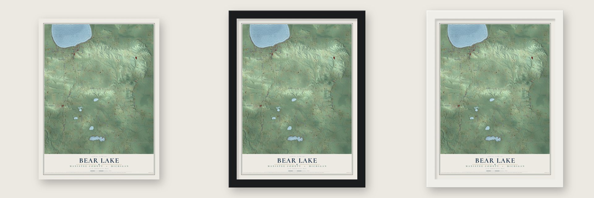 Bear Lake, Manistee County, Michigan map unframed, in a black wood frame and in a white wood frame