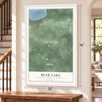 Bear Lake, Manistee County, Michigan map, 24 x 36 inch print in a white frame by a staircase