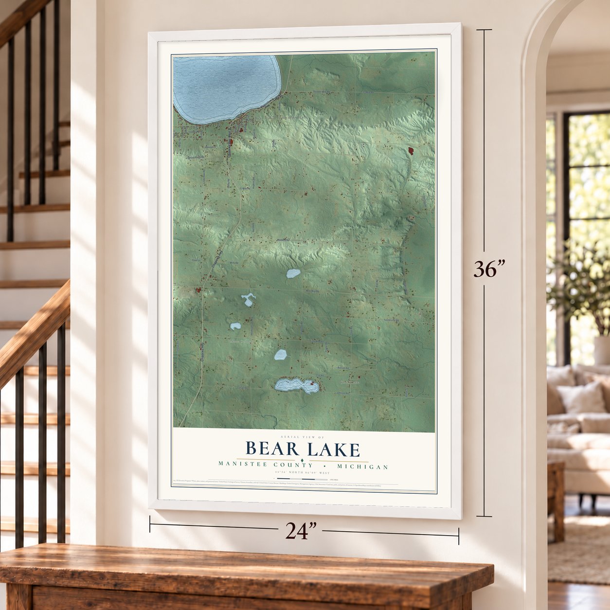 Bear Lake, Manistee County, Michigan map, 24 x 36 inch print in a white frame by a staircase