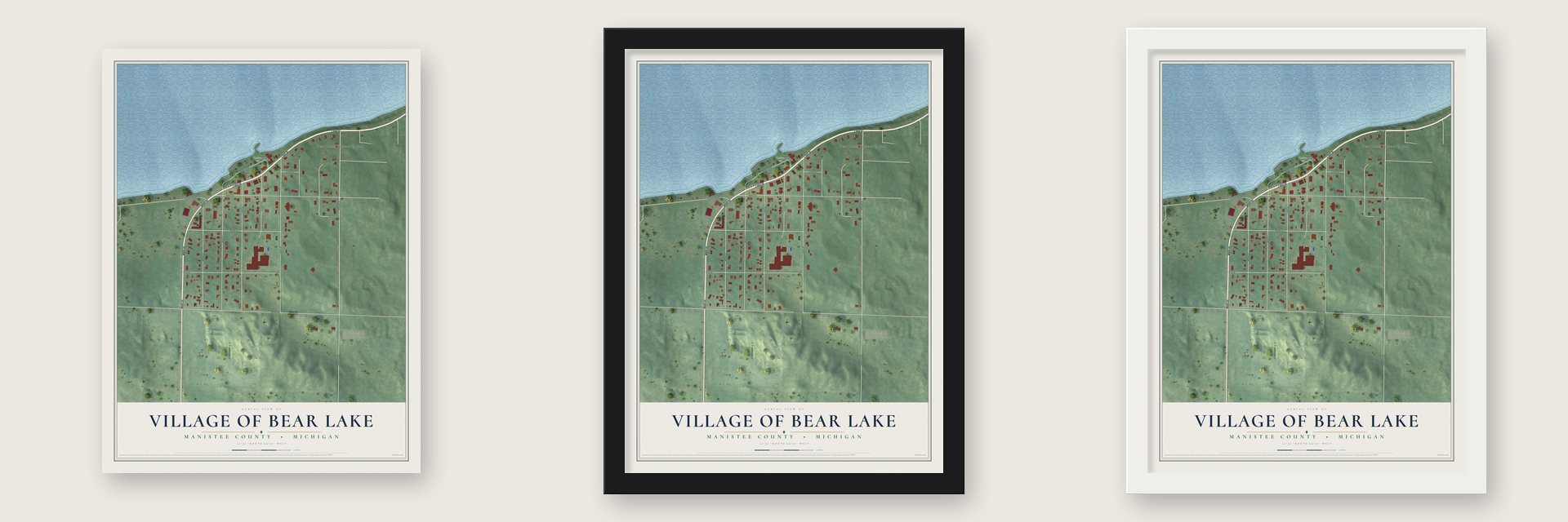 Bear Lake, Michigan map unframed, in a black wood frame and in a white wood frame