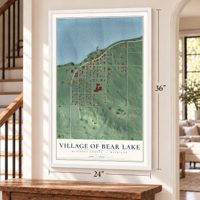 Bear Lake, Michigan map, 24 x 36 inch print in a white frame by a staircase