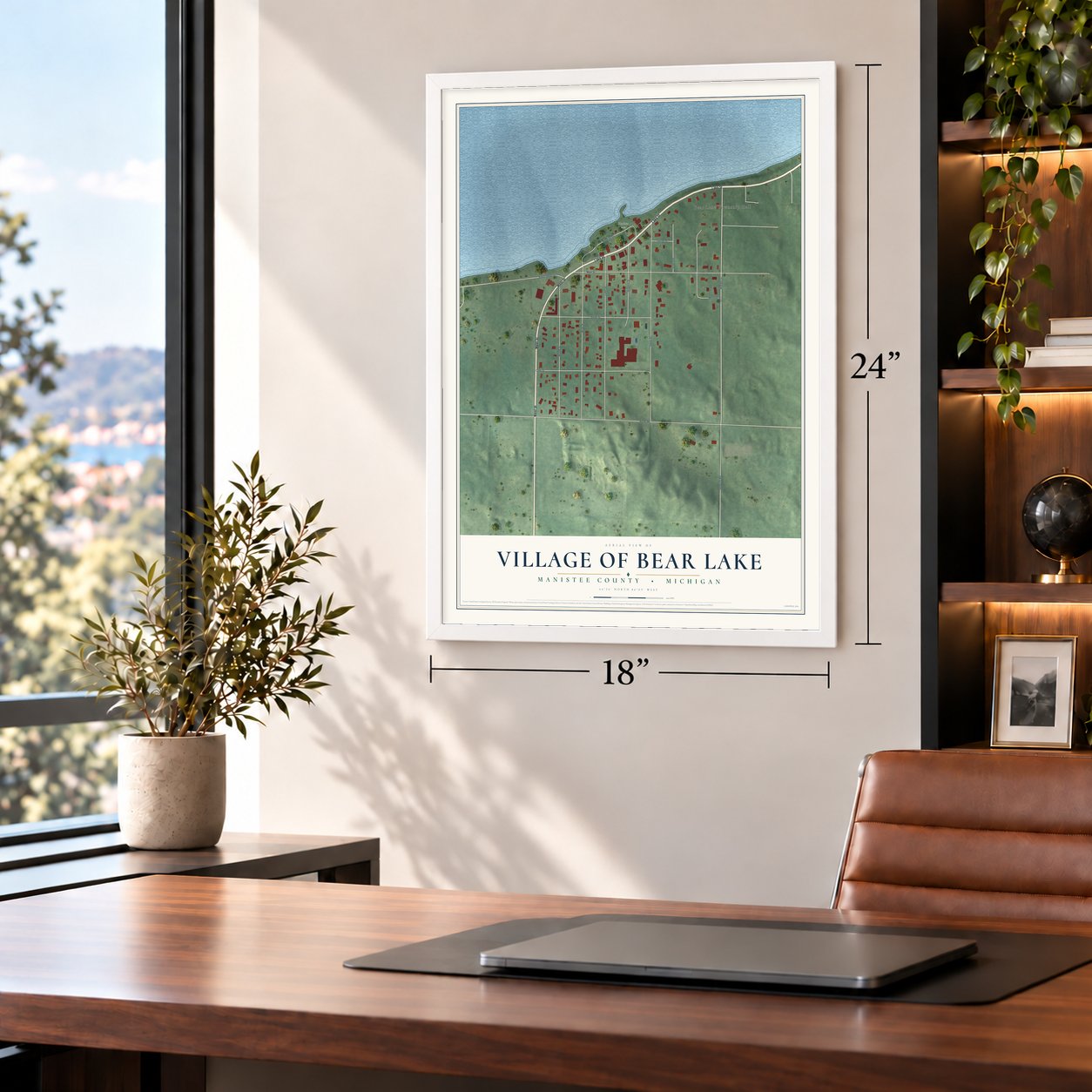 Bear Lake, Michigan map, 18 x 24 inch print in a white frame in a home office