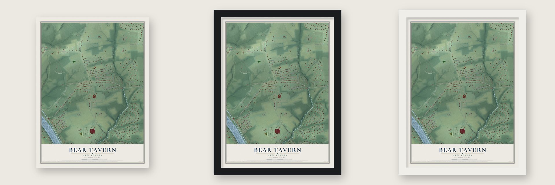 Bear Tavern, New Jersey map unframed, in a black wood frame and in a white wood frame