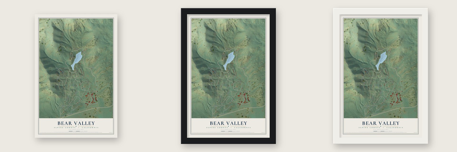Bear Valley, Alpine County, California map unframed, in a black wood frame and in a white wood frame
