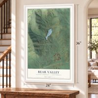Bear Valley, Alpine County, California map, 24 x 36 inch print in a white frame by a staircase