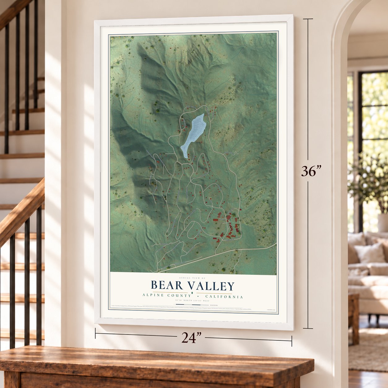 Bear Valley, Alpine County, California map, 24 x 36 inch print in a white frame by a staircase