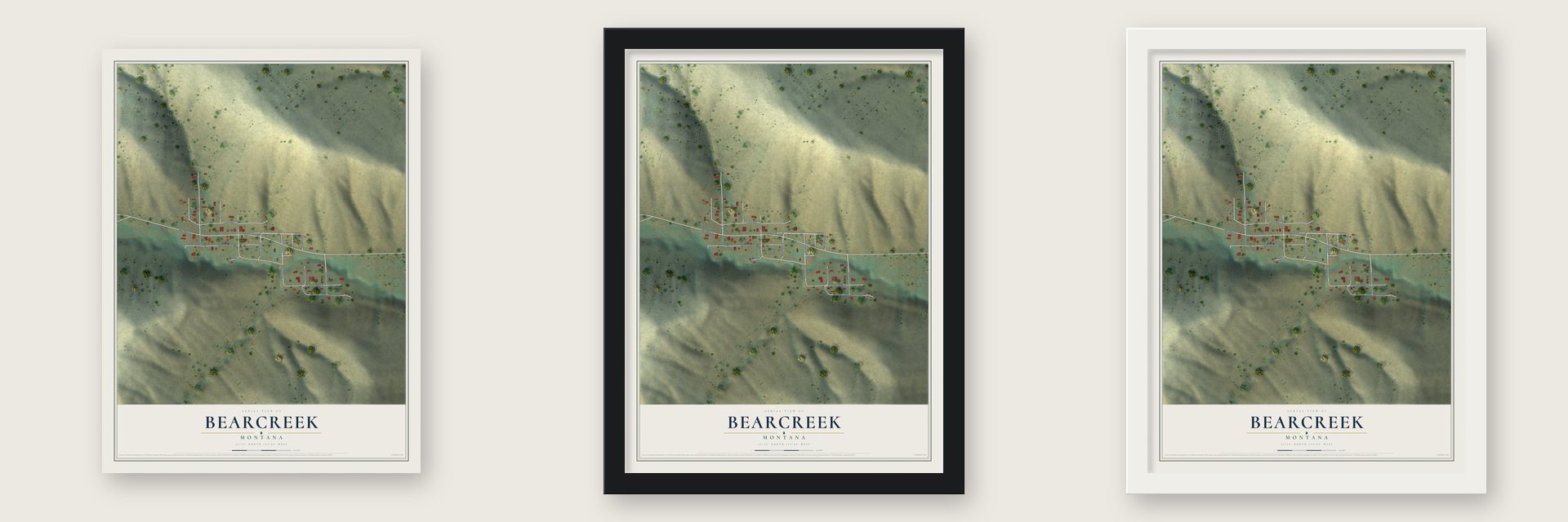 Bearcreek, Montana map unframed, in a black wood frame and in a white wood frame