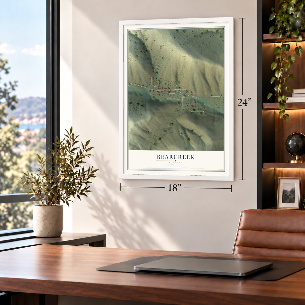 Bearcreek, Montana map, 18 x 24 inch print in a white frame in a home office