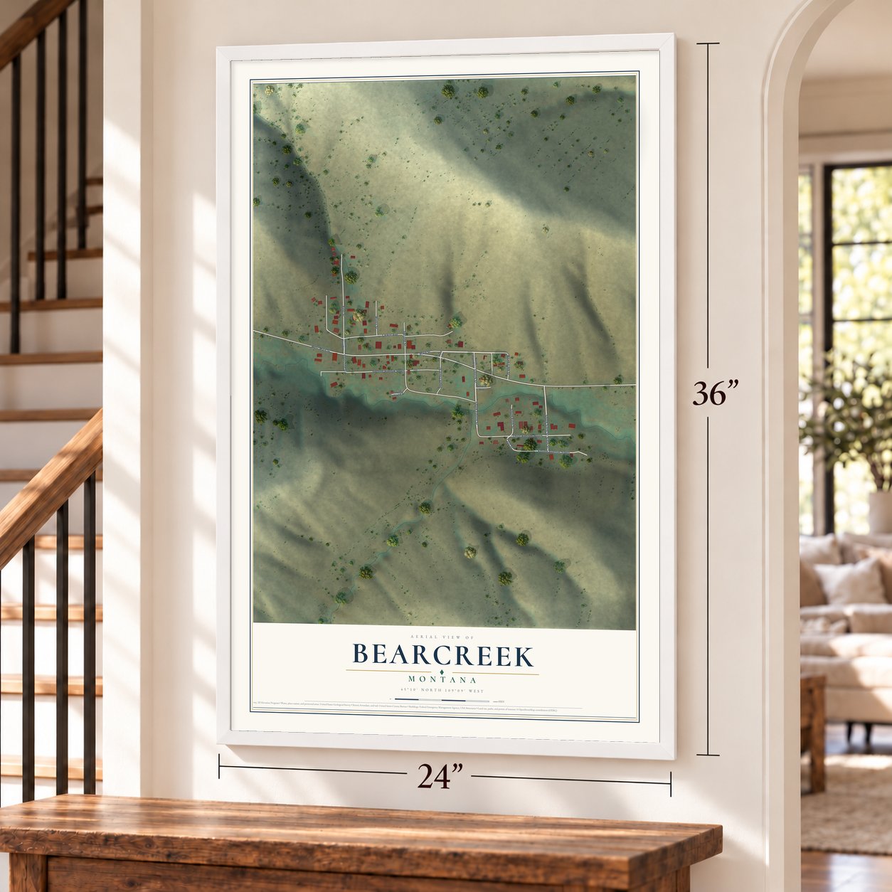 Bearcreek, Montana map, 24 x 36 inch print in a white frame by a staircase