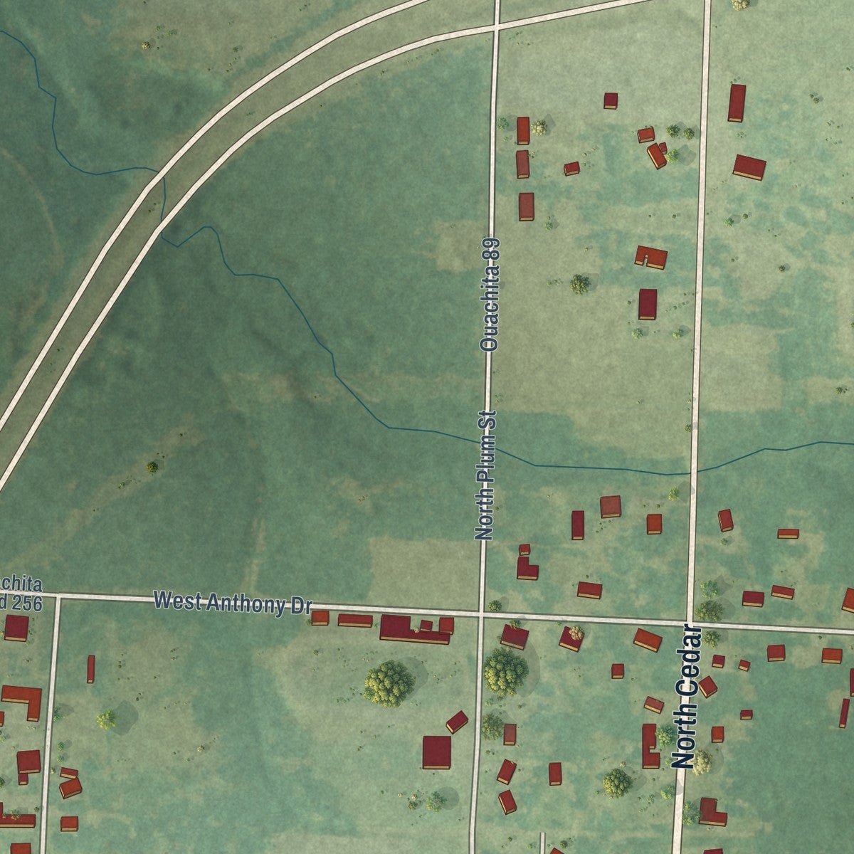 Second close-up of the map of Bearden, Arkansas print showing more streets and buildings