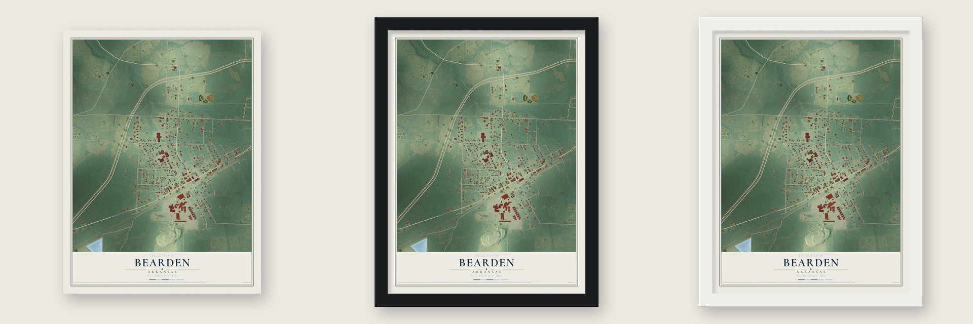 Bearden, Arkansas map unframed, in a black wood frame and in a white wood frame