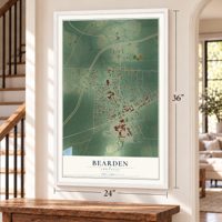 Bearden, Arkansas map, 24 x 36 inch print in a white frame by a staircase