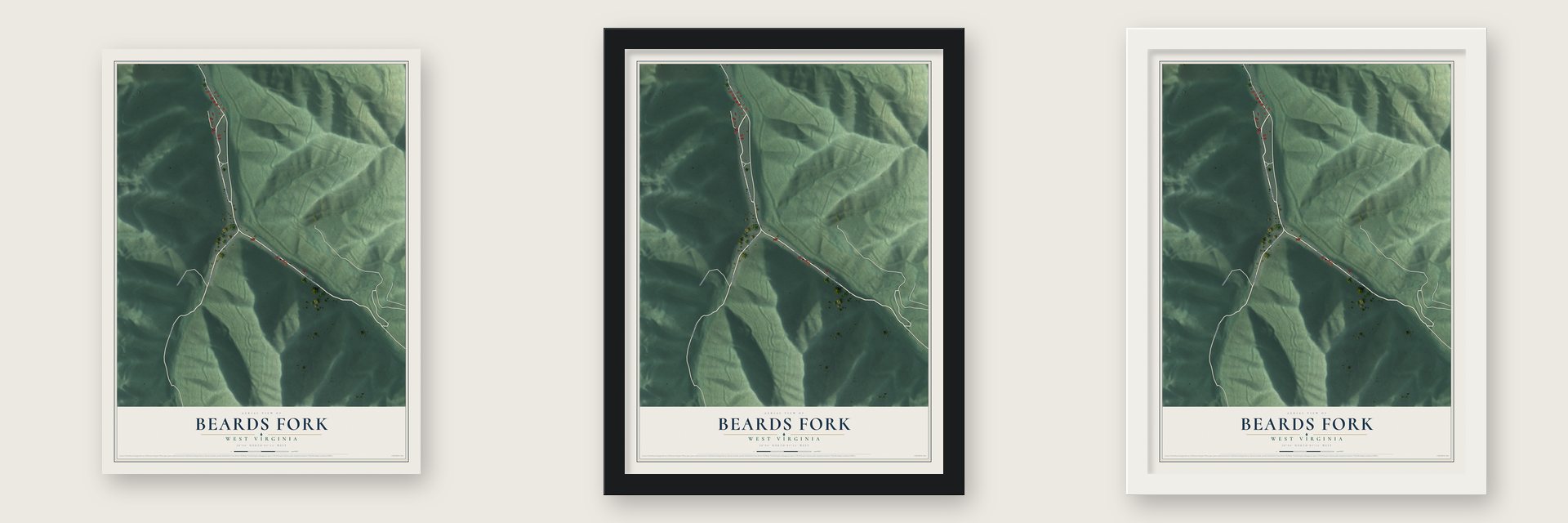 Beards Fork, West Virginia map unframed, in a black wood frame and in a white wood frame
