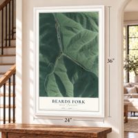 Beards Fork, West Virginia map, 24 x 36 inch print in a white frame by a staircase