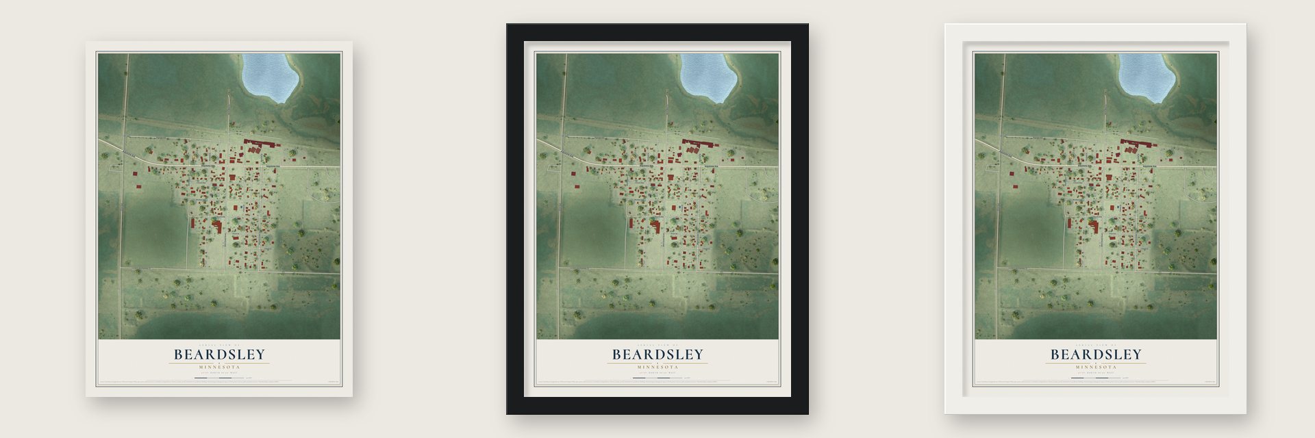 Beardsley, Minnesota map unframed, in a black wood frame and in a white wood frame