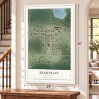 Beardsley, Minnesota map, 24 x 36 inch print in a white frame by a staircase