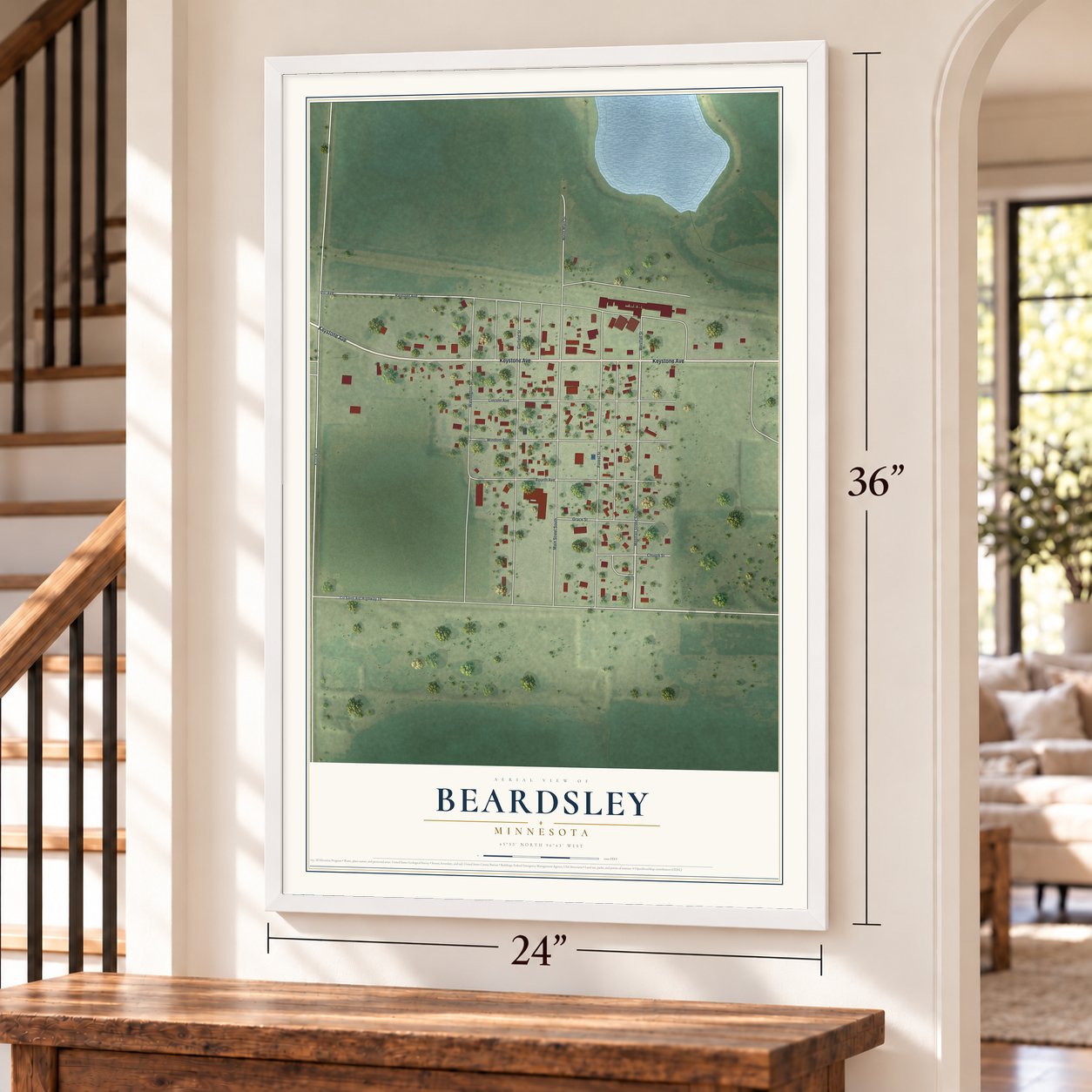 Beardsley, Minnesota map, 24 x 36 inch print in a white frame by a staircase