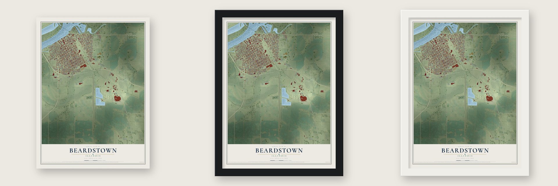 Beardstown, Illinois map unframed, in a black wood frame and in a white wood frame