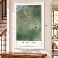Beardstown, Illinois map, 24 x 36 inch print in a white frame by a staircase