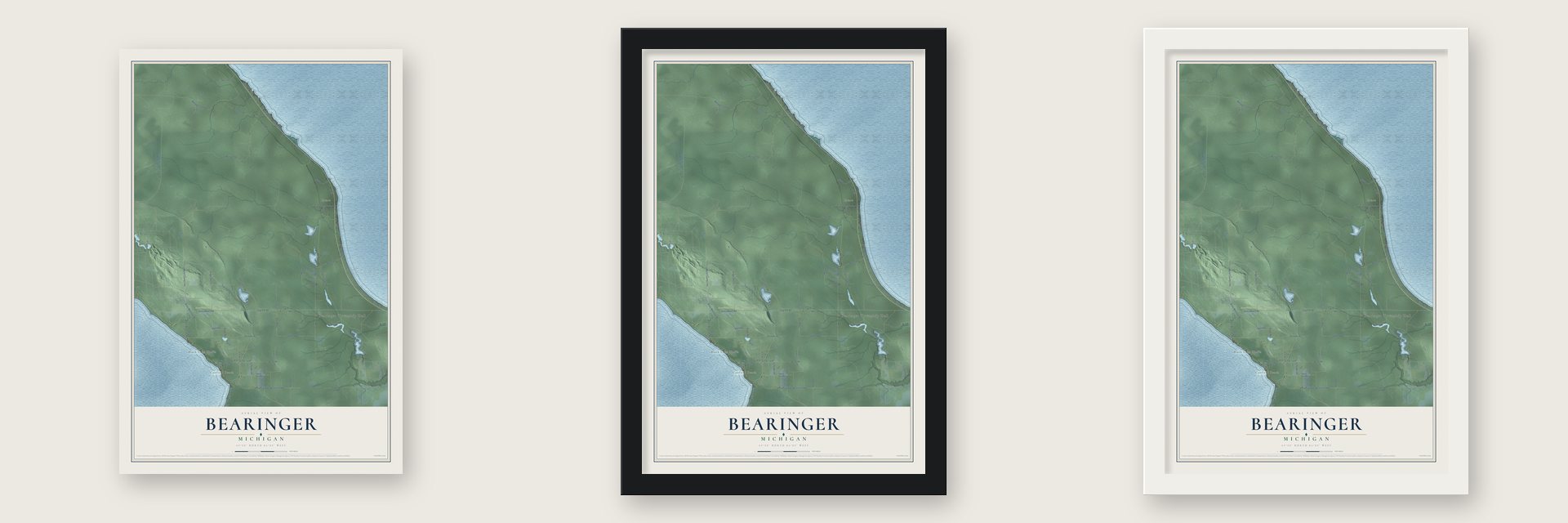 Bearinger, Michigan map unframed, in a black wood frame and in a white wood frame