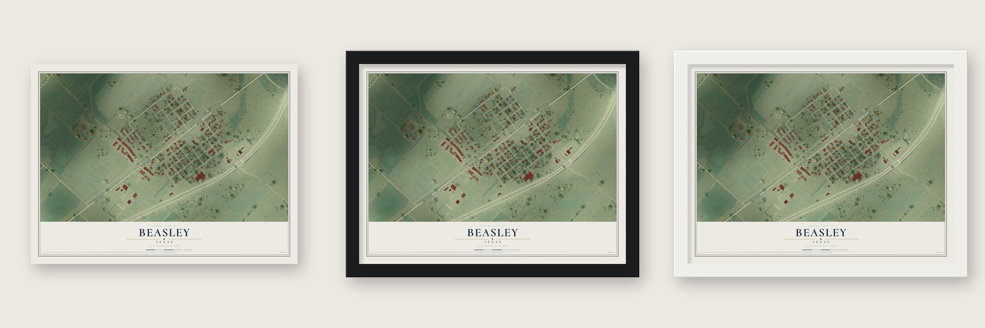 Beasley, Texas map unframed, in a black wood frame and in a white wood frame