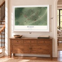 Beasley, Texas map, 24 x 36 inch print in a white frame above a dresser by a staircase