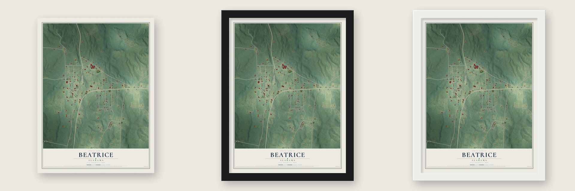 Beatrice, Alabama map unframed, in a black wood frame and in a white wood frame