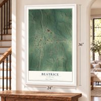 Beatrice, Alabama map, 24 x 36 inch print in a white frame by a staircase