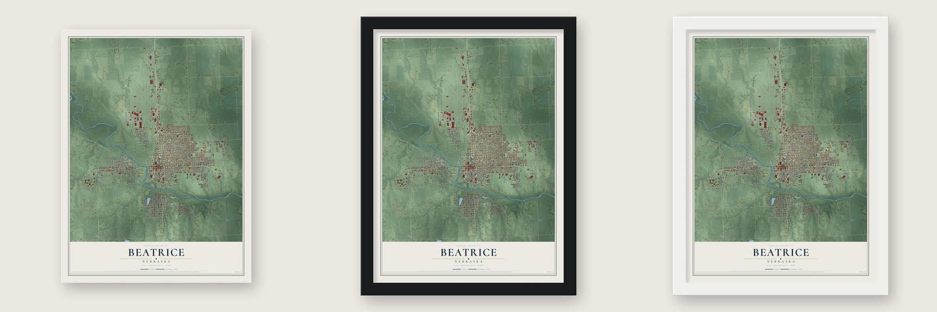 Beatrice, Nebraska map unframed, in a black wood frame and in a white wood frame