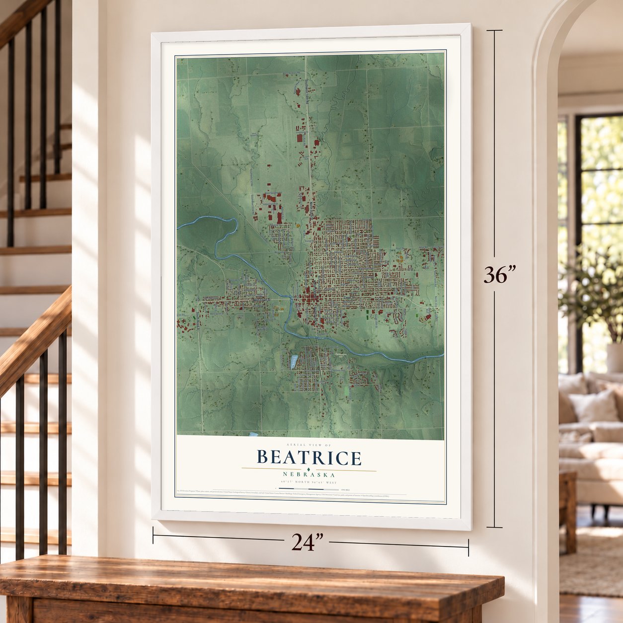 Beatrice, Nebraska map, 24 x 36 inch print in a white frame by a staircase