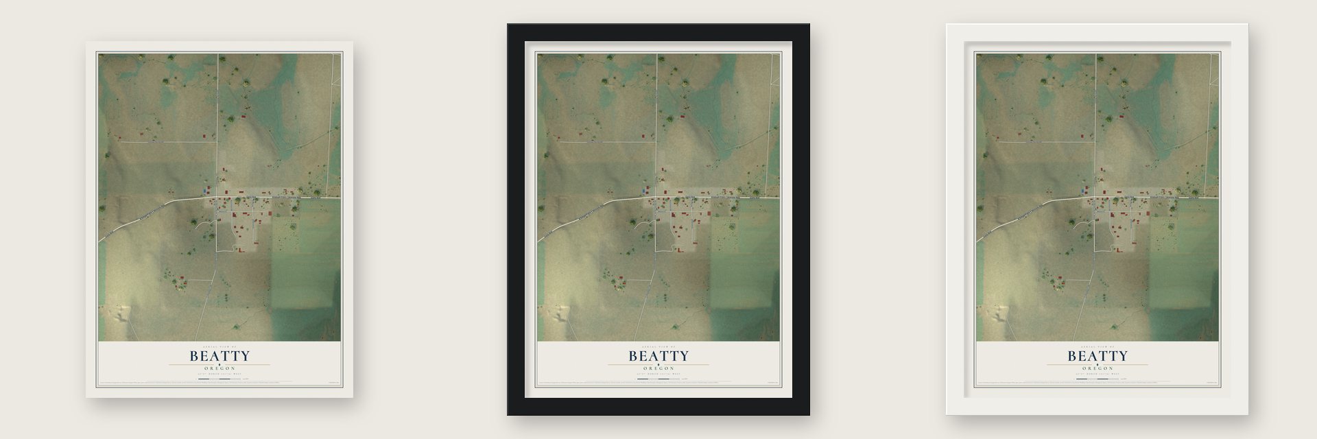Beatty, Oregon map unframed, in a black wood frame and in a white wood frame