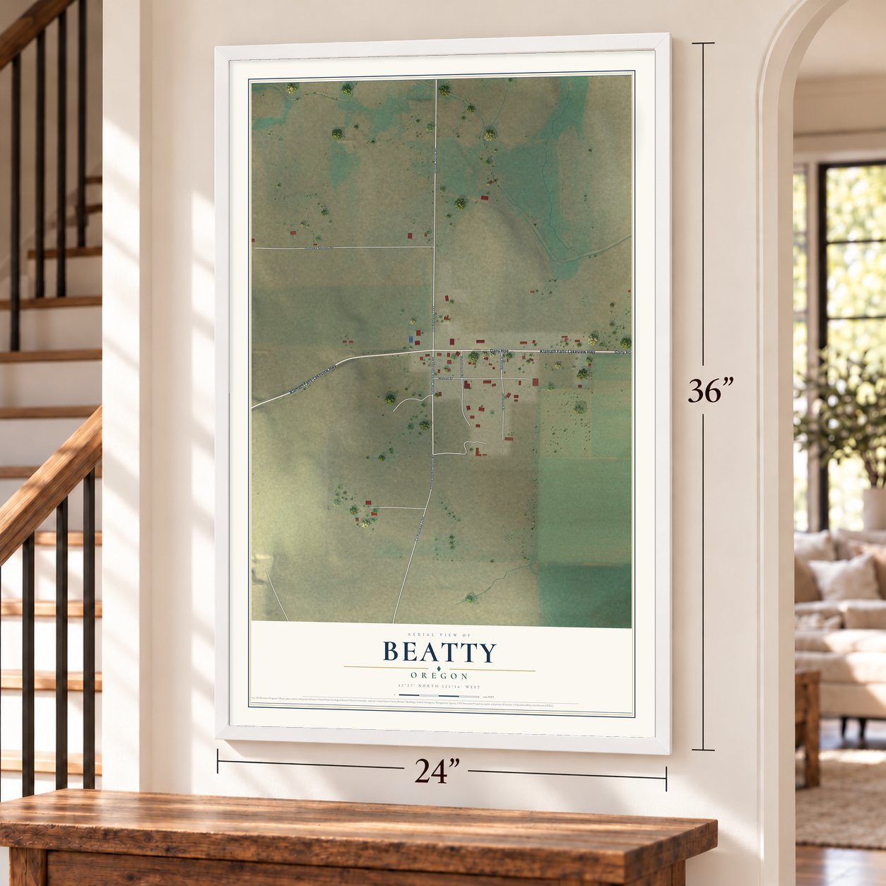 Beatty, Oregon map, 24 x 36 inch print in a white frame by a staircase