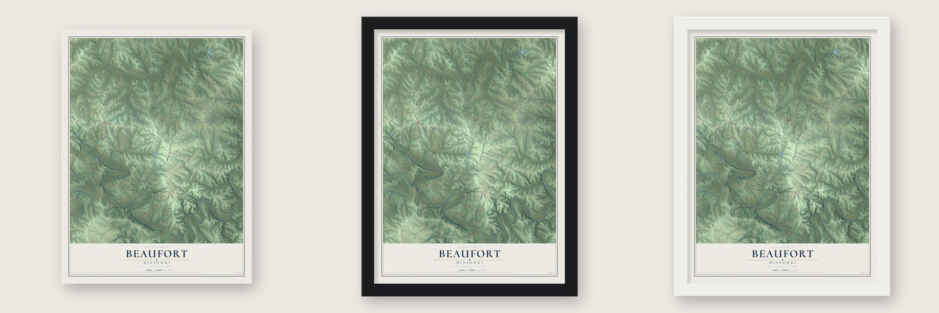 Beaufort, Missouri map unframed, in a black wood frame and in a white wood frame