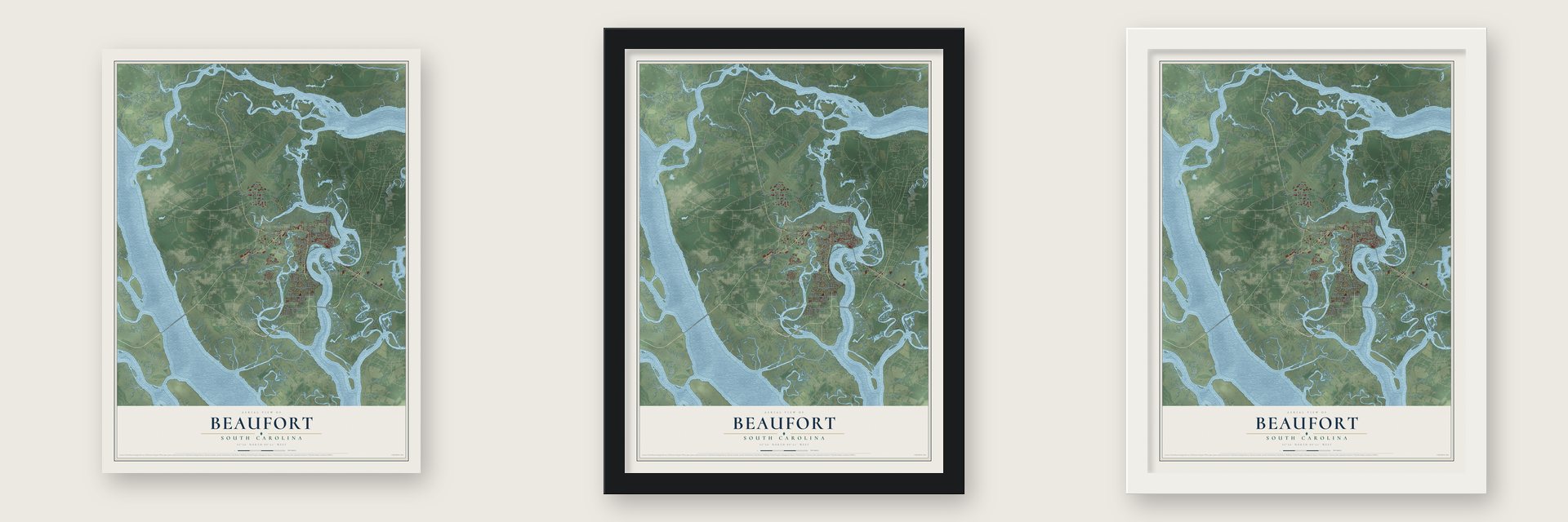 Beaufort, South Carolina map unframed, in a black wood frame and in a white wood frame