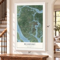 Beaufort, South Carolina map, 24 x 36 inch print in a white frame by a staircase