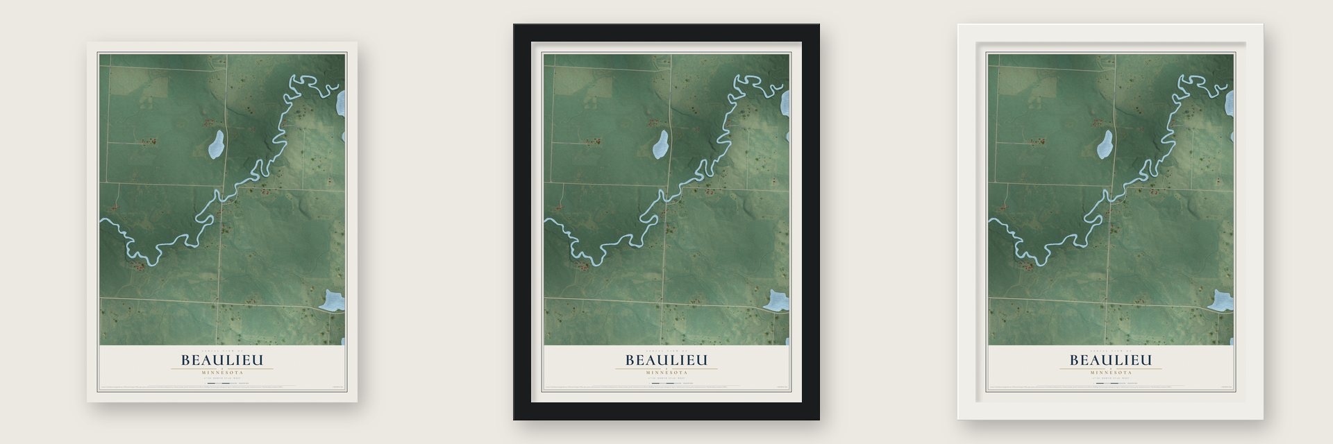 Beaulieu, Minnesota map unframed, in a black wood frame and in a white wood frame