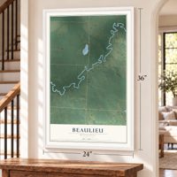 Beaulieu, Minnesota map, 24 x 36 inch print in a white frame by a staircase