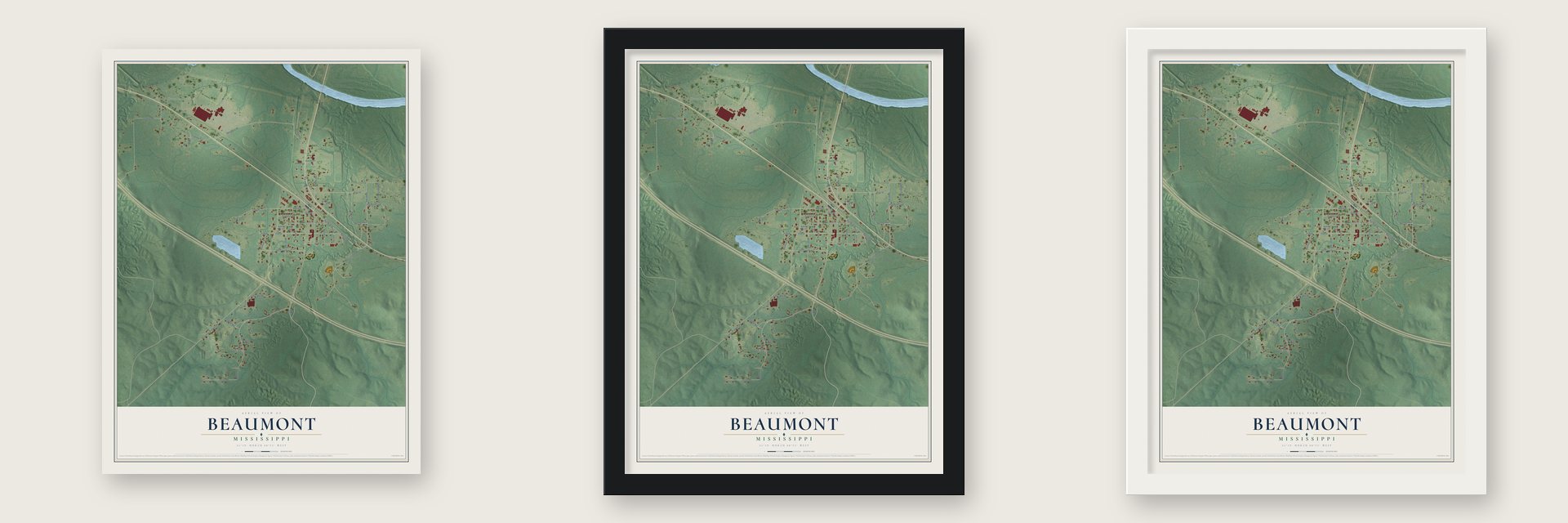 Beaumont, Mississippi map unframed, in a black wood frame and in a white wood frame